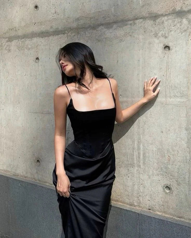 Wholesale Elegant Sheath Spaghetti Straps Black Satin Long Prom Dress Evening Dresses formal wear dresses